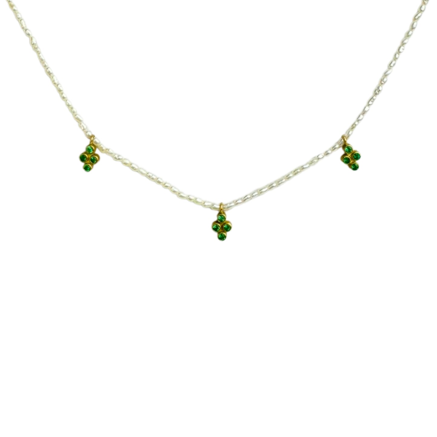 18 KT Gold Triple Emerald Clover Pearl Necklace