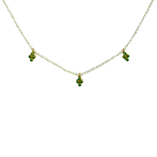 18 KT Gold Triple Emerald Clover Pearl Necklace