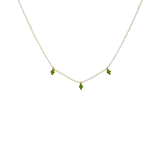 18 KT Gold Triple Emerald Clover Pearl Necklace
