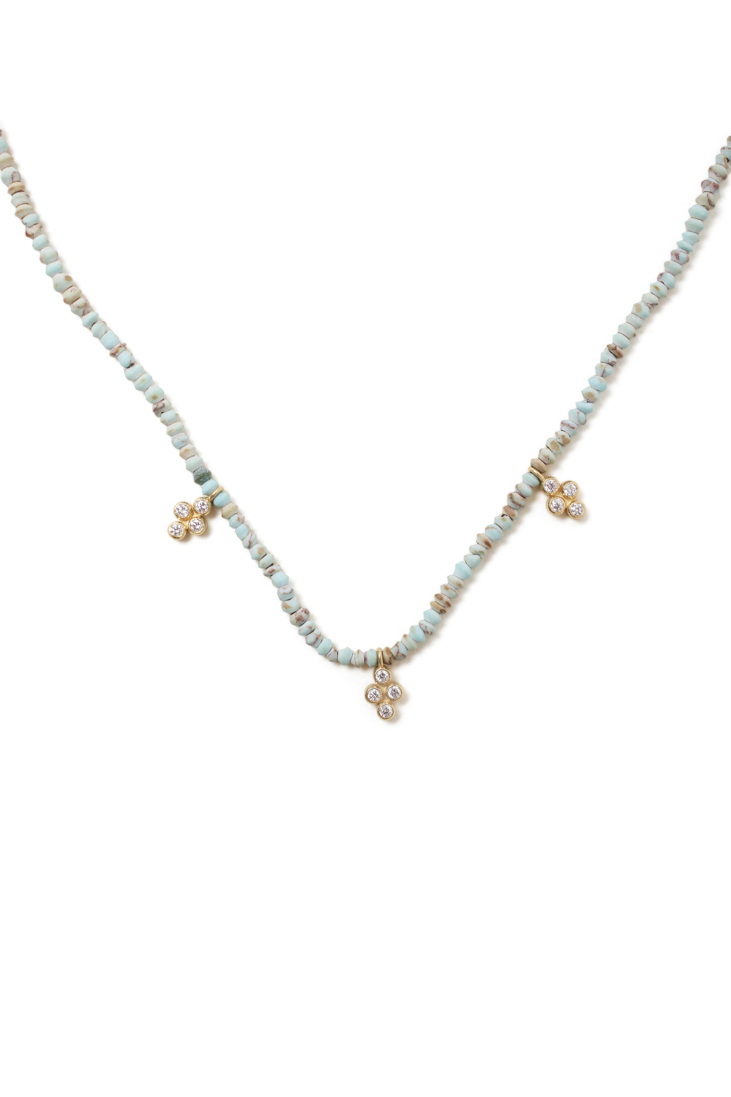 18 KT Gold Triple Diamond Clover Turquoise Necklace