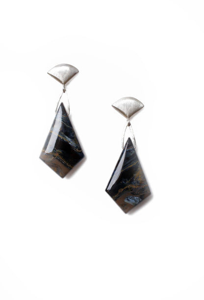 Silver Fan and Kite Pietersite Drop Earrings