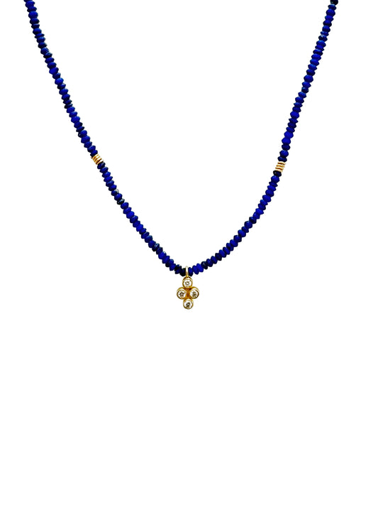 18 KT Gold 4 Clover Diamond Lapis Necklace